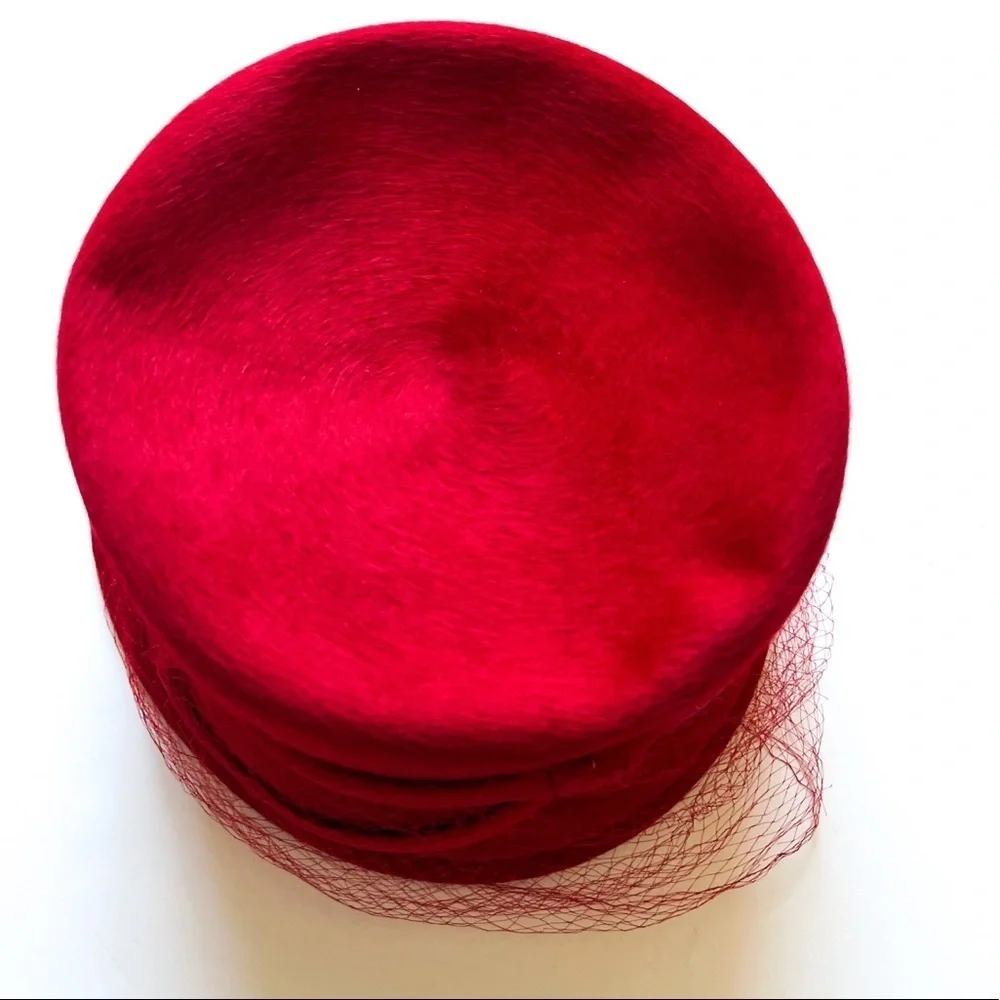 Vintage Netted Red Pillbox Felted Wool Hat by Henry Pollak NY Starfire